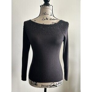 Vintage 90s Joseph A. Dark Grey Beaded Sequin All Silk Sweater 3/4 Sleeve Size S